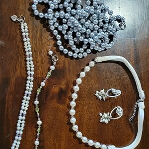 Classic Pearl and Silver Necklace, Bracelets, Earrings, 35" Strand Grey Pearls
